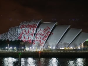 'Go away, go away, go away' is beamed on to the Cop26 summit building. Demonstrators from the anti-gas campaign Gastavists became locked in a battle with the official projection operators when they tried to put their messages on to the side of Glasgow's famous Armadillo building. They had assembled on the opposite bank of the River Clyde to beam messages including 'ban fracking now' and 'cut methane now' on to the structure's silver segments.