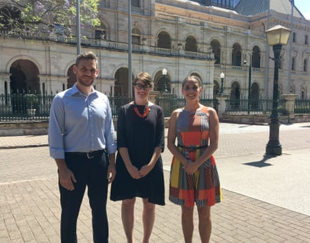 Greens candidates Michael Berkman, Amy MacMahon and Kirsten Lovejoy outside Queensland’s Parliament House