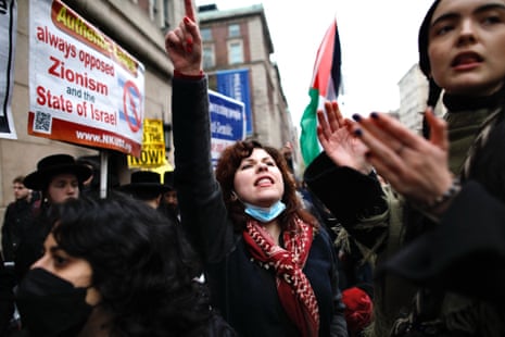 Pro-Palestinian protesters march outside Columbia University in New York.