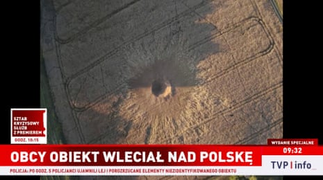 Screengrab from Poland's state broadcaster TVP Info showing the impact site of a reported explosion in eastern Poland.