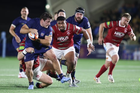 Elliot Millar Mills of Newcastle Red Bulls tries to make a break during the clubâÂÂs 24-19 defeat by Leicester Tigers at Kingston Park.