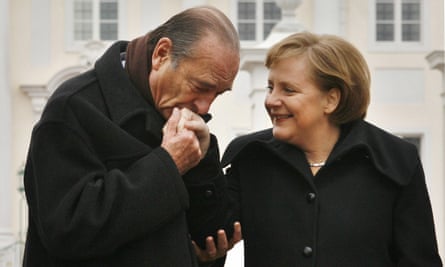 Chirac with Merkel after talks in Meseberg, February 2007.