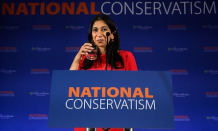 Home secretary Suella Braverman following her keynote speech at the National Conservatism conference at the Emmanuel Centre on 15 May 2023 in London.