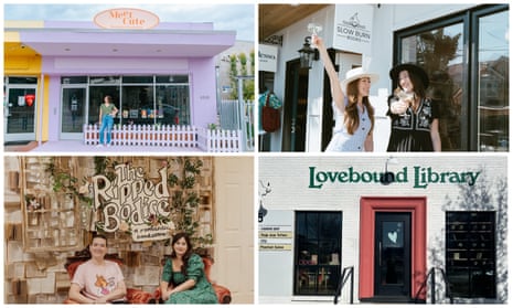grid of four photos showing romance novel bookstores. 'meet cute' has a lavender exterior; 'slow burn books' has two women in front drinking from wine glasses; 'the ripped bodice' has its sign over plants, with two smiling people below; 'lovebound library' has a fun font and a red door