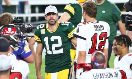Aaron Rodgers greets Tom Brady at the end of Sunday’s game