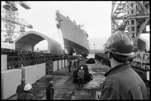Launch of the frigate HMS Marlborough at the Swan Hunter shipyard, Wallsend, North Tyneside, January 1989