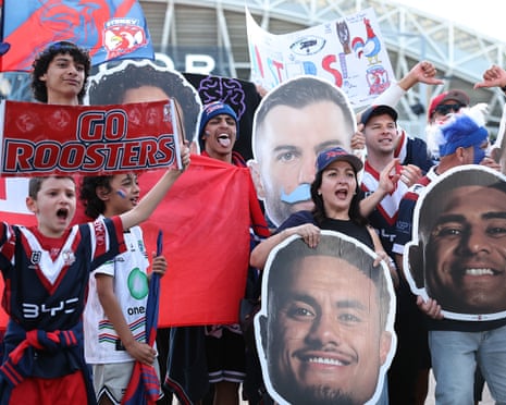Sydney Roosters fans outside Accor Stadium before the 2026 NRL grand final against Newcastle Knights