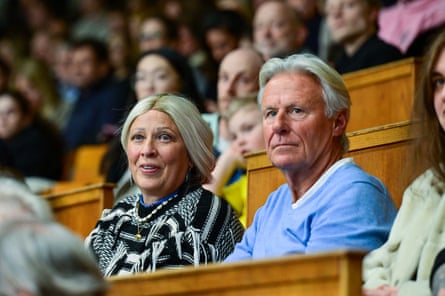 Borg and his wife, Patricia Östfeld, watch their son Leo Borg (unseen) playing against Australia’s Aleksandar Vukic (unseen) in their single Davis Cup tennis match Sweden against Australia at the Royal Tennis Hall in Stockholm, Sweden, on January 31, 2025.