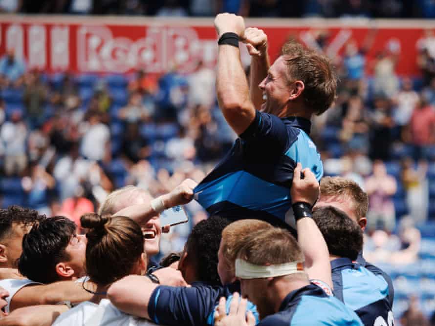 Andy Ellis, a former All Blacks scrum-half and World Cup winner, celebrates the win in his last game as a player.