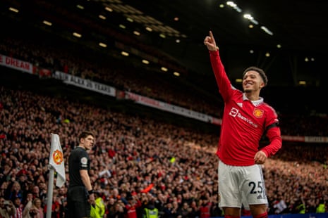 Jadon Sancho of Manchester United celebrates scoring he third goal.