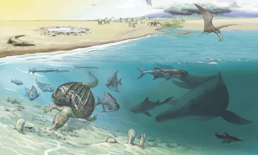 Whale-sized ichthyosaurs, right, are believed to have occasionally visited shallow waters