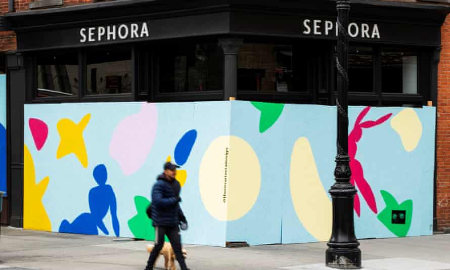 A Sephora store covered up with plywood during the outbreak of the coronavirus in New York City.