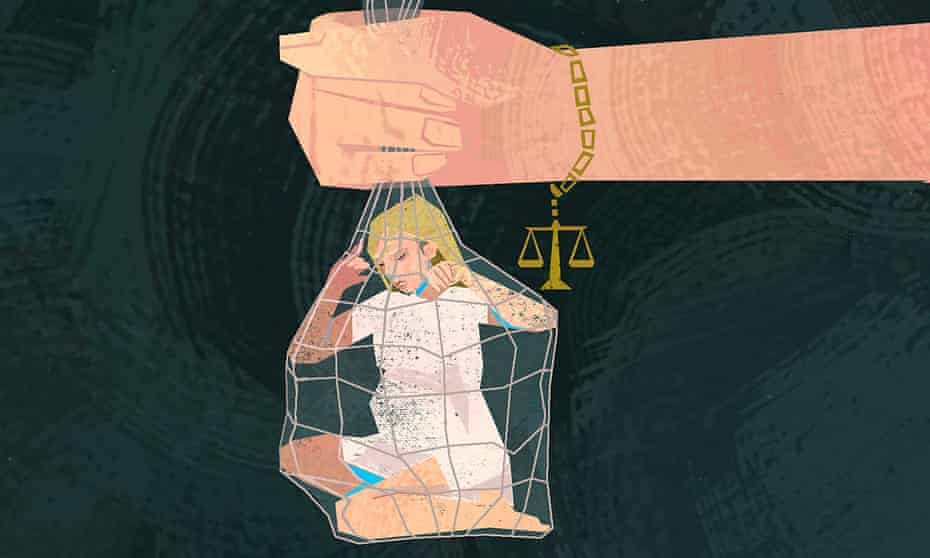 Graphic illustration of a pregnant woman caught in a net by an oversized hand wearing a bracelet with a scales of justice charm.