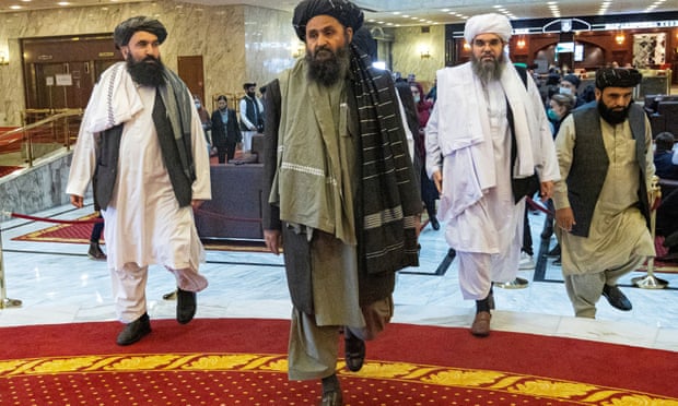 Taliban’s negotiator Mullah Abdul Ghani Baradar (second left) attends the Afghan peace conference in Moscow in March 2021. 