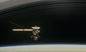 A still from the short film Cassini?s Grand Finale, with the spacecraft diving between Saturn and the planet?s innermost ring