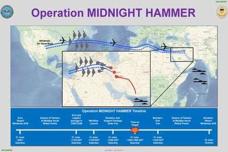 The timeline map of Operation Midnight Hammer showing aircraft flying from US to Middle East