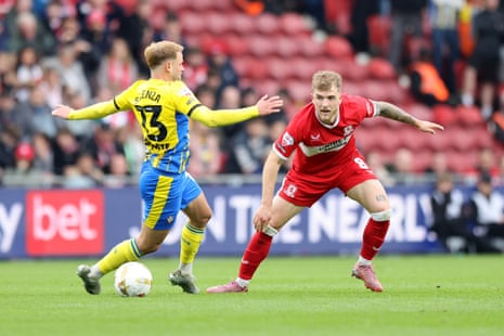 Samuel Edozie and Riley McGree battle for the ball during the Championship playoff semi-final between Southamppton and Middlesbrough at the Riverside Stadium.