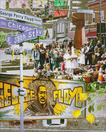A stylized collage of George Floyd Square showing the street signs, a mural of George Floyd, a group of people gathered at the memorial, and yellow roses.