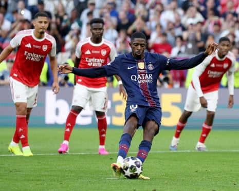 Paris St Germain’s Ousmane Dembele scores their equaliser from the penalty spot.