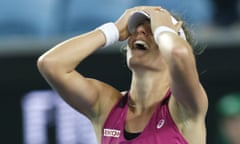 Johanna Konta of Great Britain celebrate after defeating 
Ekaterina Makarova of Russia during their fourth round match  at the Australian Open Grand Slam tennis tournament in Melbourne, Australia, 25 January 2016. (AAP Image/Made Nagi) NO ARCHIVING, EDITORIAL USE ONLY