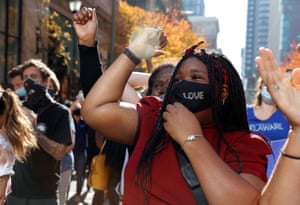 People celebrate in Philadelphia on 7 November.