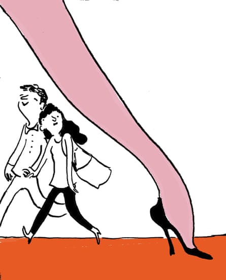 Illustration of a couple hand in hand - he smiles, she looks sidelong at a female long leg passing by
