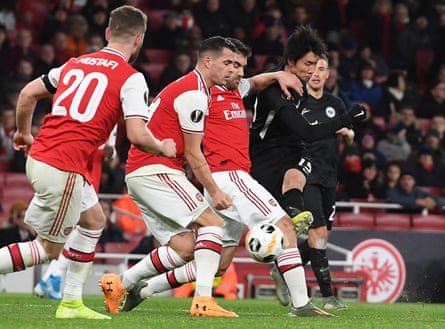 Daichi Kamada curls in the first of his two goals during Eintracht Frankfurt’s 2-1 Europa League win over Arsenal at the Emirates.