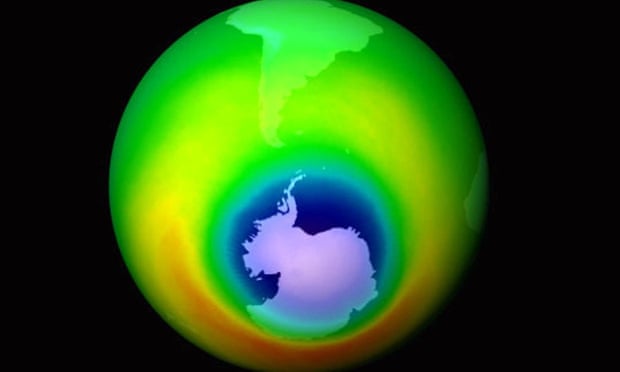 Areas of depleted ozone, shown in blue, over the Antarctic in 1999