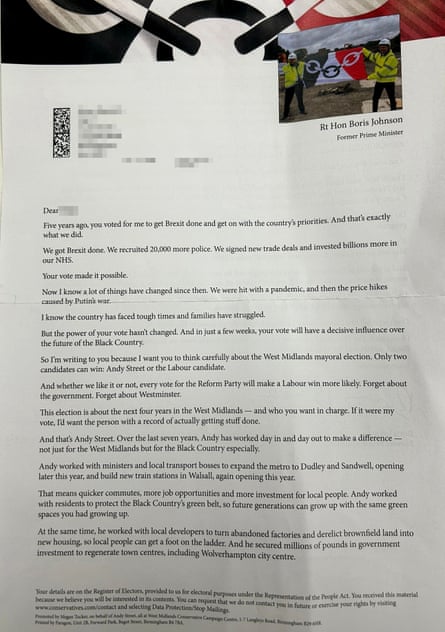 First page of letter containing Boris Johnson’s plea to West Midlands voters