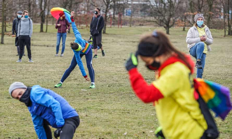 People exercise during an ‘equality jog’ in Gdansk