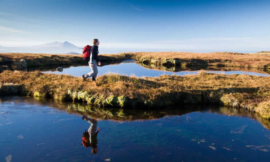 Walking by bog pools on Slieve Carr, in the Nephin Beg mountains.