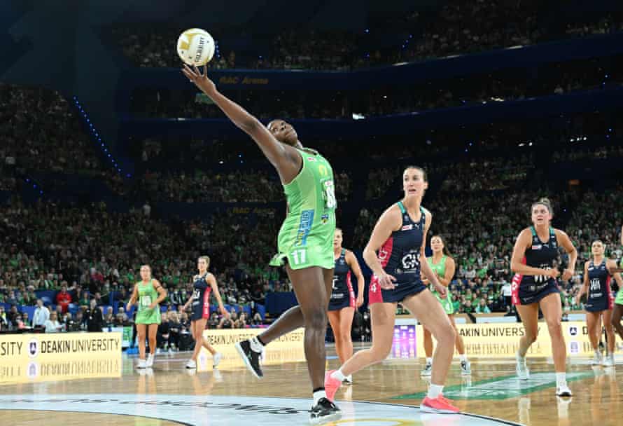 Jhaniele Fowler stretches to reach the ball during Sunday’s grand final.