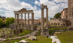 Ancient Rome today: ruins of the Temple of Saturn below the Capitoline Hill (right of picture).