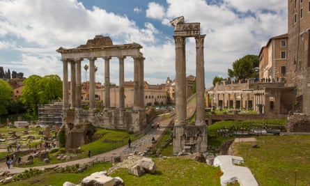 Ancient Rome today: ruins of the Temple of Saturn below the Capitoline Hill (right of picture).