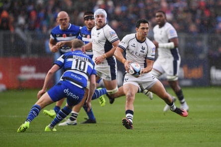 Finn Russell of Bath keps a close eye on Bristol’s Matias Moroni.