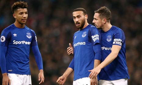 Cenk Tosun, centre, made his debut for Everton against Tottenham at Wembley