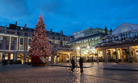 A view of the Christmas Tree lit up in Covent Garden, London during the second coronavirus lockdown on 10 November