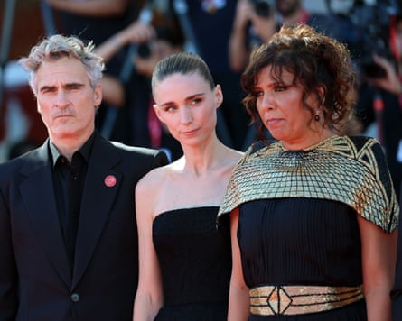 Director Kaouther Ben Hania, right, with Joaquin Phoenix and Rooney Mara.