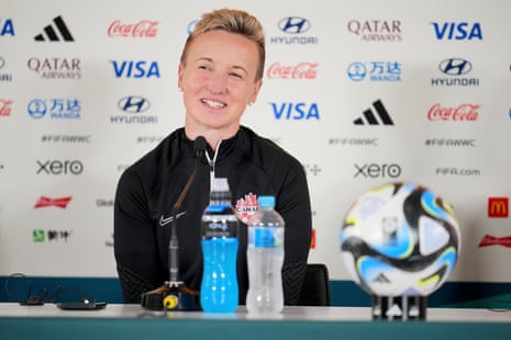 Canada head coach Bev Priestman addresses the ladies and gentlemen of the press.