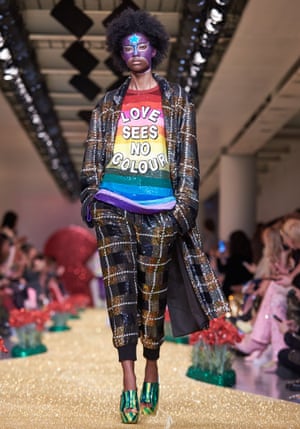 Politicised sequined slogan tees at Ashish’s London fashion week show.