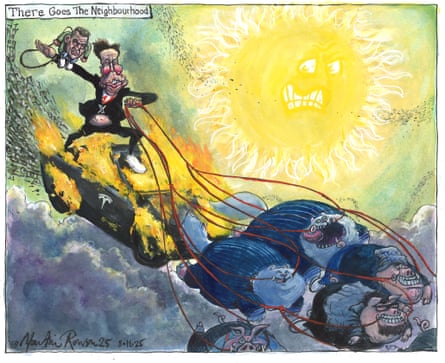 illustration of two people, the sun and four animals