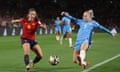 Aitana Bonmatí controls the ball against Alex Greenwood during the 2023 Fifa Women's World Cup final match between Spain and England at Stadium Australia on 20 August 2023