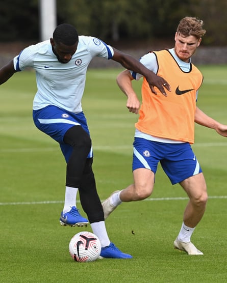 Antonio Rüdiger and Werner during Chelsea training. Werner says his Germany teammate has helped him settle in at his new club.