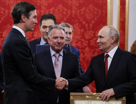 Vladimir Putin shakes hands with Jared Kushner as Witkoff looks on