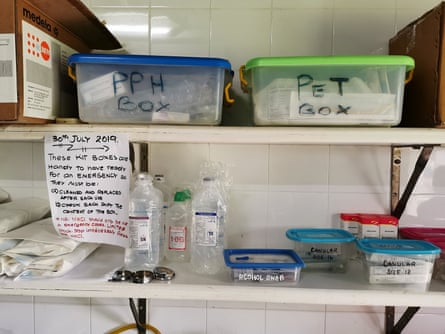 The emergency kits in the labour consist of two plastic boxes. Nurses from Warangoi clinic say they do not have enough instruments, PPE or sanitisers for their day to day needs.