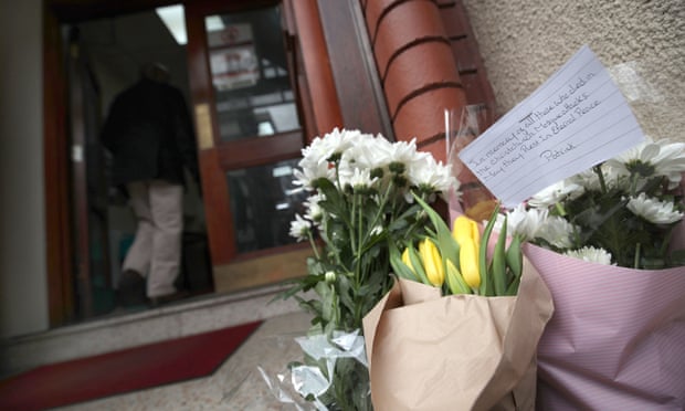 Flowers left at Finsbury Park mosque in London, in response to the Christchurch mosque attacks in New Zealand. 