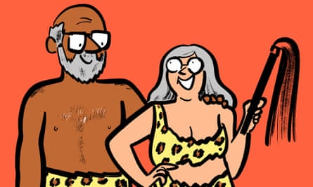 Illustration of an older man with a woman in fur bikini holding a whip