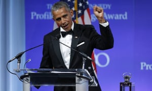 Former US President Barack Obama speaks after being presented the 2017 John F. Kennedy Profile In Courage Award at the John F. Kennedy Library in Boston.