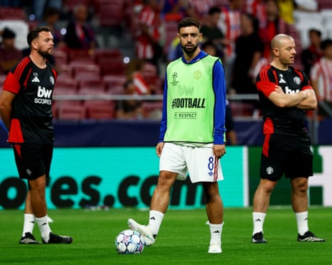 Manchester United's Bruno Fernandes warms up for the game in Madrid.