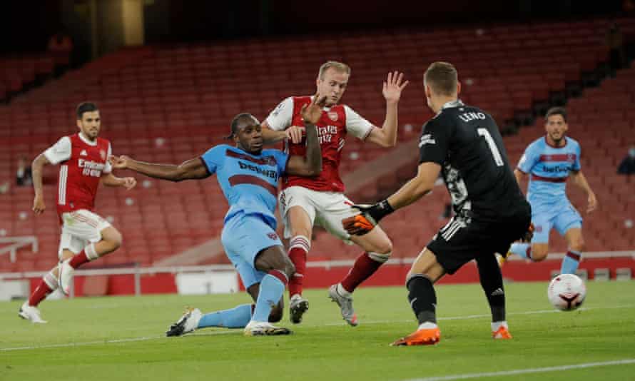 Michail Antonio scores for West Ham at the Emirates in September.